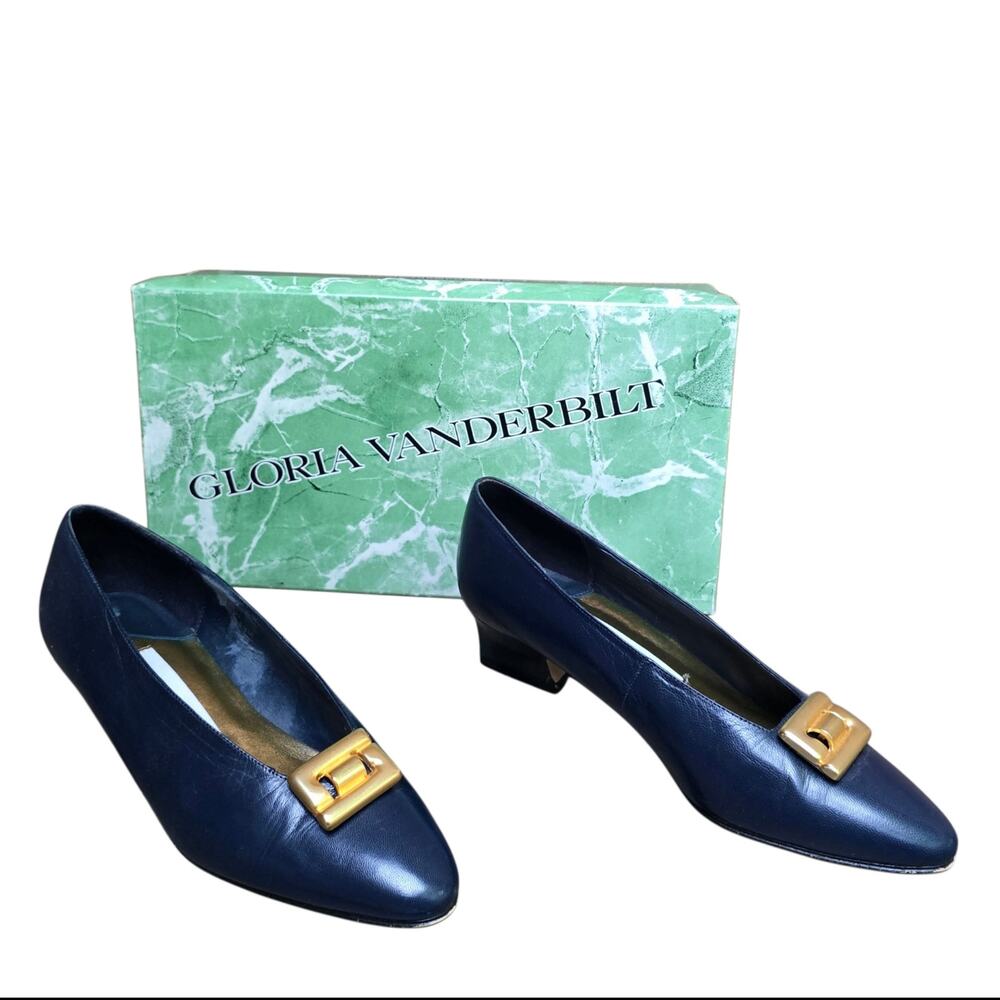 Navy Blue Pumps Gloria Vanderbilt Parlor Vintage Leather Heels Gold Buckle